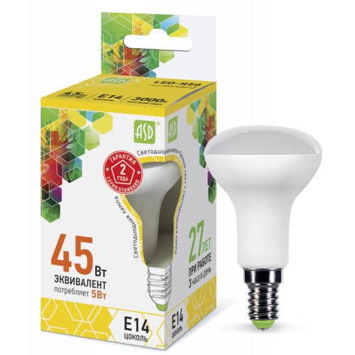 Лампа светодиодная LED-R50-standard 5Вт 230В Е14 3000К 450Лм | 4690612001531 | ASD