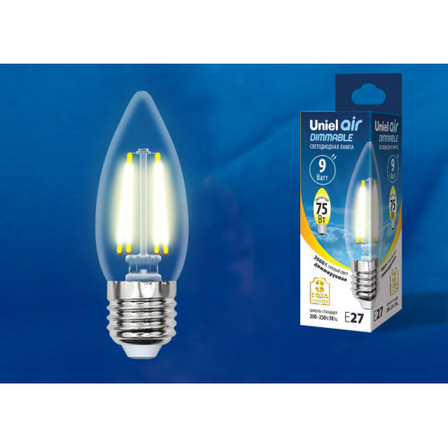 Лампа светодиодная LED-C35-9W/3000K/E27/CL/DIM GLA01TR LED диммируемая. 