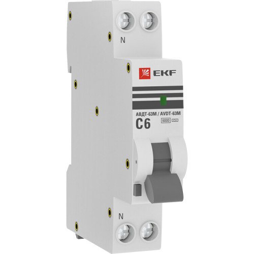 Выключатель автоматический дифференциального тока АВДТ-63М 6А/10мА (1 мод. характеристика C, электронный, тип A) 6кА EKF PROxima | D636EA06C10 | EKF