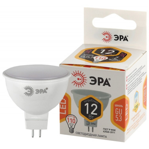 Лампа светодиодная СТАНДАРТ LED MR16-12W-827-GU5.3 (диод, софит, 12Вт, тепл, GU5.3) | Б0047737 | ЭРА