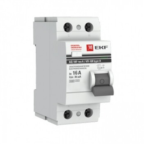 Выключатель дифференциальный (УЗО) ВД-100 2P 16А/30мА (тип А, электромеханическое) PROxima | elcb-2-16-30-em-a-pro | EKF