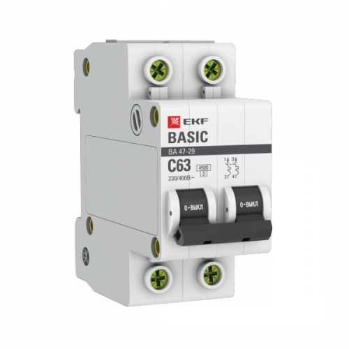 Выключатель автоматический двухполюсный ВА 47-29 63А C 4,5кА Basic | mcb4729-2-63C | EKF