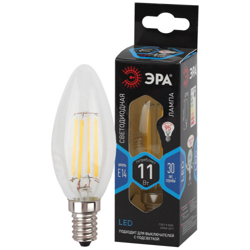 Лампа светодиодная F-LED B35-11w-840-E14 (филамент, свеча, 11Вт, нейтр, E14) | Б0046987 | ЭРА