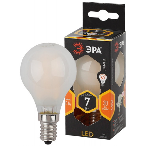 Лампа светодиодная F-LED P45-7W-827-E14 frost Лампы СВЕТОДИОДНЫЕ F-LED ЭРА (филамент, шар мат., 7Вт, тепл, E14) | Б0027956 | ЭРА