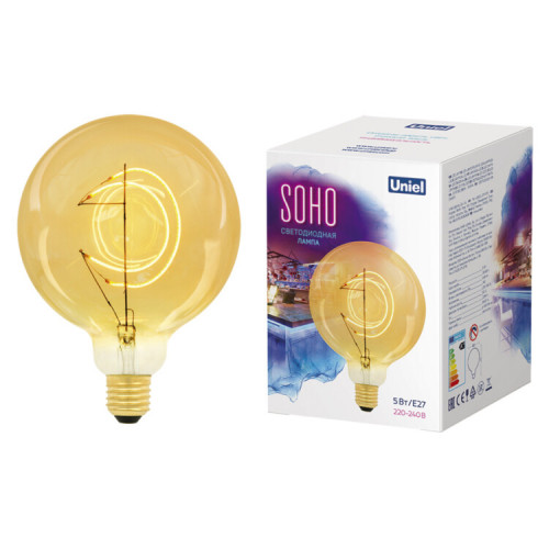 LED-SF02-5W-SOHO-E27-CW GOLDEN GLS77GO Лампа светодиодная SOHO. Золотистая колба. Филамент в форме месяца. Картон. ТМ Uniel | UL-00007625 | Uniel