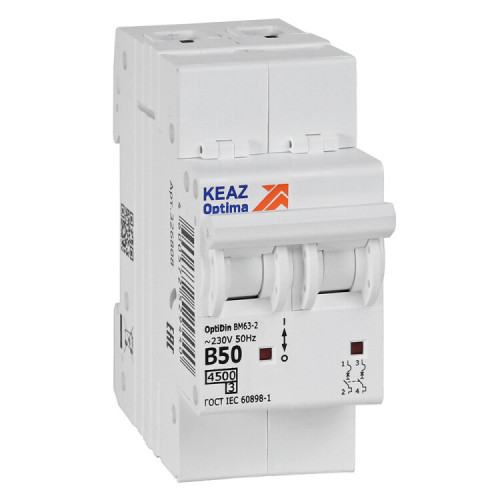 Выключатель автоматический двухполюсной OptiDin BM63-2B50-4,5-УХЛ3 (КЭАЗ) | 329515 | КЭАЗ