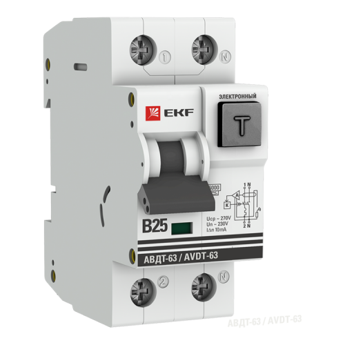 Выключатель автоматический дифференциального тока АВДТ-63 25А/10мА (характеристика B, электронный, тип A) 6кА PROxima|DA63-25B-10e | EKF