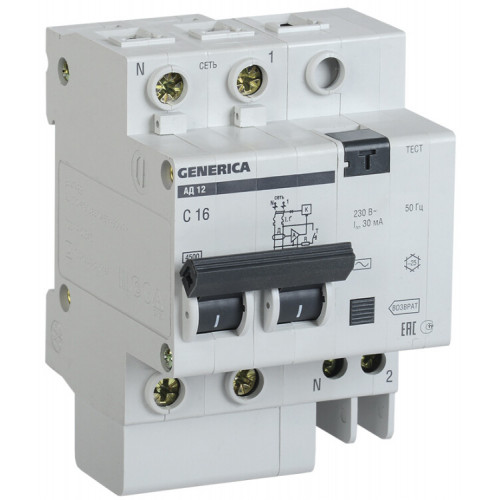 Выключатель автоматический дифференциального тока АД12 2п 50А C 50А тип AC (3,9 мод) GENERICA | MAD15-2-050-C-030 | IEK