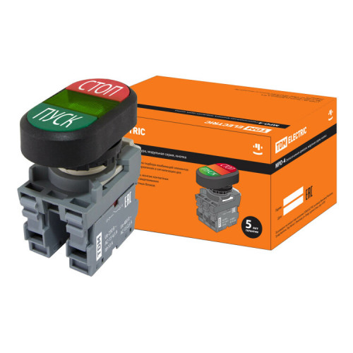 Кнопка двойная MPD4-11G (зеленая/красная) (LED) в сборе d22мм/24В (ПУСК/СТОП) линза зеленая | SQ0747-0067 | TDM