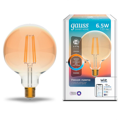 Лампа светодиодная филаментная Smart Home DIM+CCT E27 G95 Golden 6,5 Вт 2000-5500 К 1/40 | 1340112 | Gauss