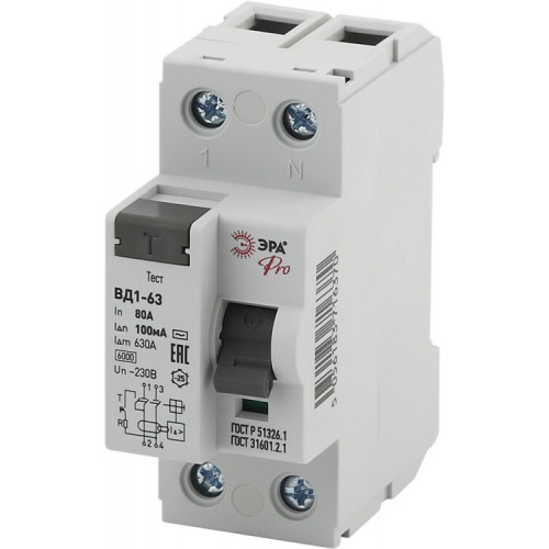 Выключатель дифференциальный (УЗО) (электромеханическое) NO-902-62 ВД1-63 1P+N 80А 100мА Pro | Б0031901 | ЭРА