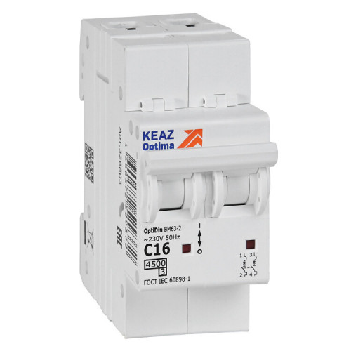 Выключатель автоматический двухполюсной OptiDin BM63-2C16-4,5-УХЛ3 | 326803 | КЭАЗ