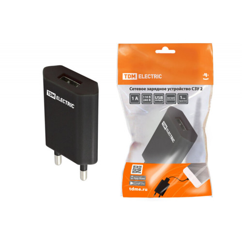 Сетевое зарядное устройство, СЗУ 2, 1 А, 1 USB, черный, | SQ1810-0002 | TDM
