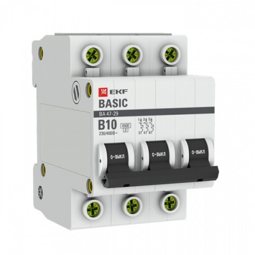 Выключатель автоматический трехполюсной 3P 10А (B) 4,5кА ВА 47-29 EKF Basic|mcb4729-3-10-B|EKF