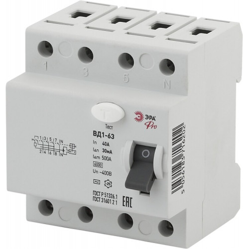 Выключатель дифференциальный (УЗО) (электромеханическое) NO-902-39 ВД1-63 3P+N 40А 30мА Pro | Б0031884 | ЭРА