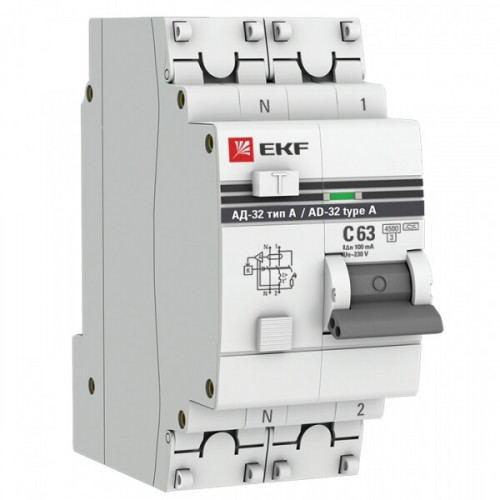 Выключатель автоматический дифференциального тока АД-32 1п+N 63А C 100мА тип A PROxima | DA32-63-100-a-pro | EKF