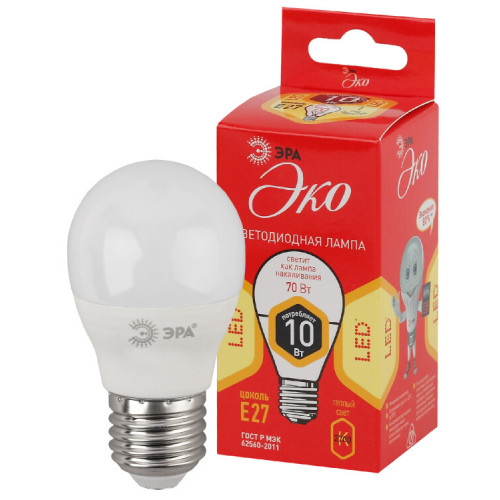 Лампа светодиодная RED LINE ECO LED P45-10W-827-E27 E27 / Е27 10Вт шар теплый белый свет | Б0032970 | ЭРА