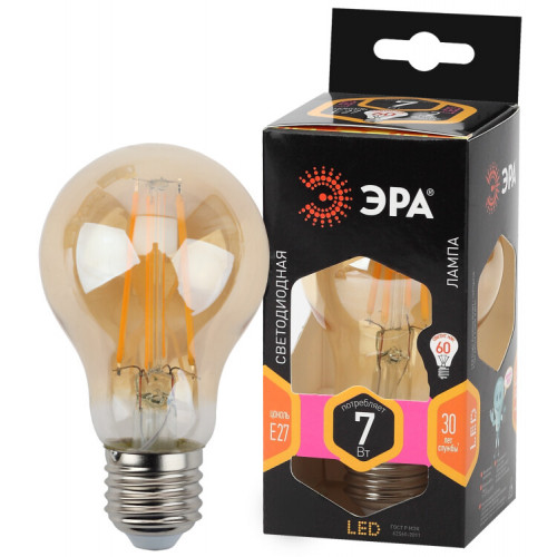Лампа светодиодная F-LED A60-7W-827-E27 gold (филамент, груша золот., 7Вт, тепл, Е27) | Б0035037 | ЭРА