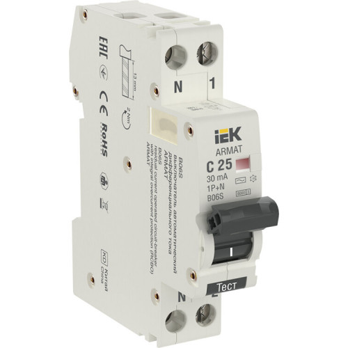 Выключатель автоматический дифференциального тока АВДТ B06S 1P+NP C25 30мА тип AC (18мм) ARMAT IEK | AR-B06S-1N-C25C030 | IEK