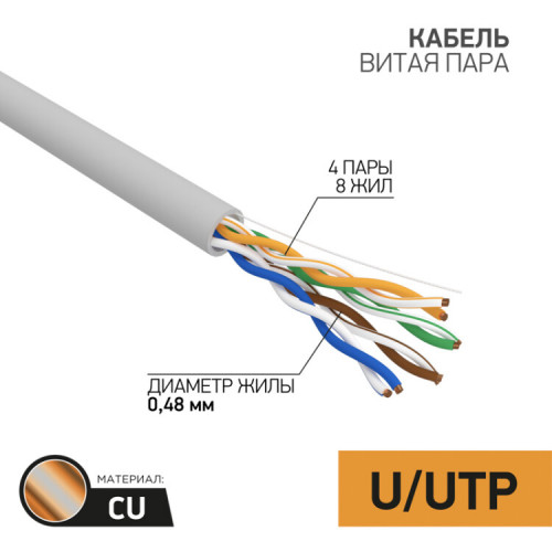 Кабель UTP PROconnect 4PR 24AWG, CU (медь), CAT5E, 100 МГц, PVC, серый, бухта 25 м | 01-0052-25 | PROconnect