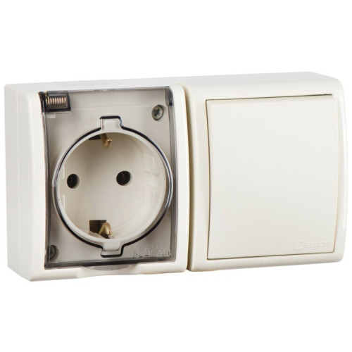 Блок IP54. Розетка с крышкой и заземлением Schuko 2Р+Е 16A + Однополюсный выключатель 10AX 250В цвета слоновая кость S15 Aqua | 1594511-031 | Simon