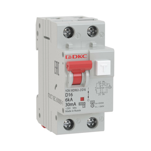 Выключатель автоматический дифференциального тока АВДТ с защитой от сверхтоков YON MDR63-23C16-A (2п, 100mA) 6kA | MDR63-23C16-A | DKC