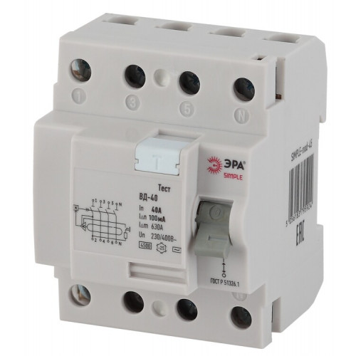 Выключатель дифференциальный (УЗО) ВД-40 (электронное) 4P 40А 100mA SIMPLE-mod-49 ЭРА SIMPLE | Б0039269 | ЭРА