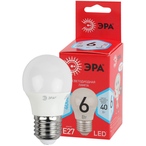 Лампа cветодиодная ECO LED P45-6W-840-E27 (диод, шар, 6Вт, нейтр, E27) (10/100/4000) | Б0020630 | ЭРА