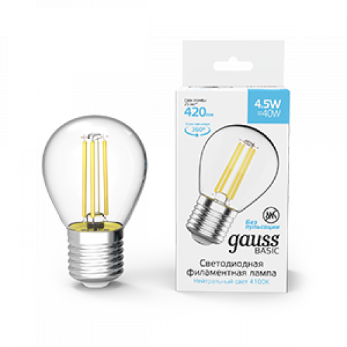 Лампа светодиодная Basic Filament Шар 4,5W 420lm 4100К Е27 LED 1/10/50 | 1051215 | Gauss