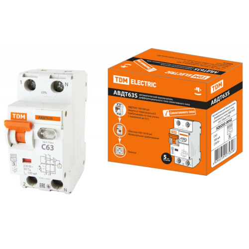 Выключатель автоматический дифференциального тока АВДТ 63S 1п+N 63А C 100мА тип AC | SQ0202-0042 | TDM