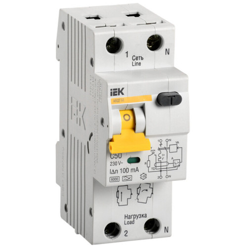 Выключатель автоматический дифференциального тока АВДТ 32 1п+N 50А C 100мА тип A | MAD22-5-050-C-100 | IEK