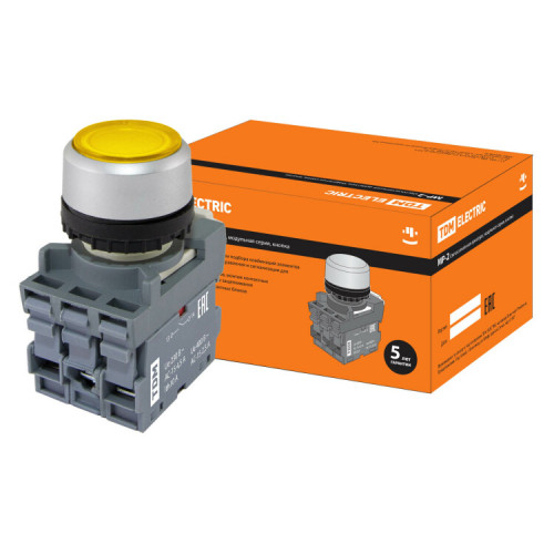 Кнопка с фиксацией MP2-21Y(LED) в сборе d22мм/24В 1з+1р желтая | SQ0747-0027 | TDM