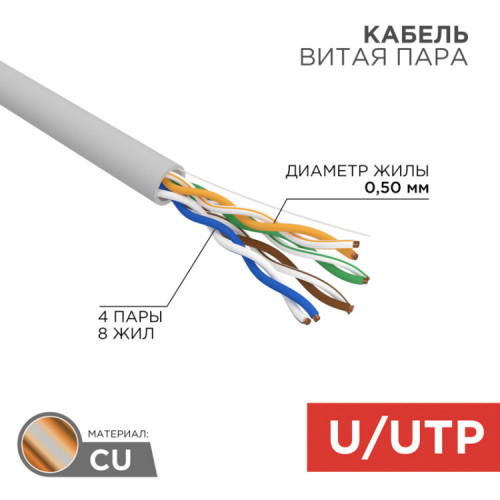 Кабель UTP 4PR 24AWG, CU (медь), CAT5e, 100 МГц, PVC, серый, бухта 100 м | 01-0043-100 | REXANT