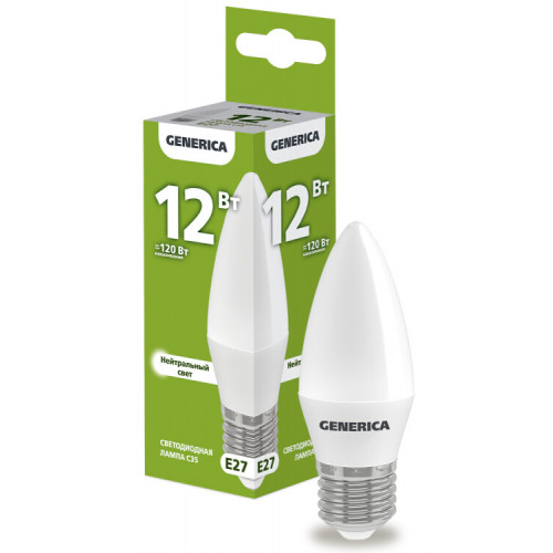 Лампа светодиодная C35 свеча 12Вт 230В 4000К E27 GENERICA | LL-C35-12-230-40-E27-G | IEK
