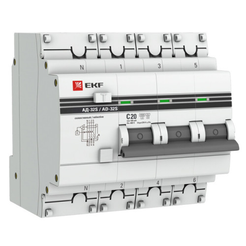 Выключатель автоматический дифференциального тока АД-32 (селективный) 3P+N 20А/100мА PROxima| DA32-20-100S-4P-pro | EKF