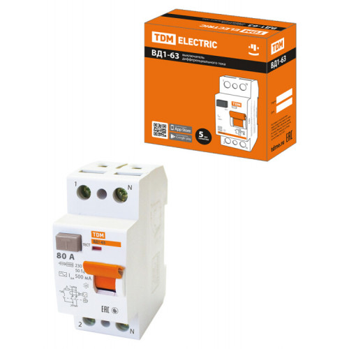 Выключатель дифференциальный (УЗО) ВД1-63 2Р 80А 500мА (тип АС, электромеханическое) | SQ0203-0096 | TDM