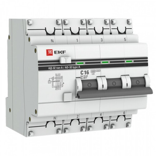 Выключатель автоматический дифференциального тока АД-32 3п+N 16А C 10мА тип A PROxima | DA32-16-10-4P-a-pro | EKF