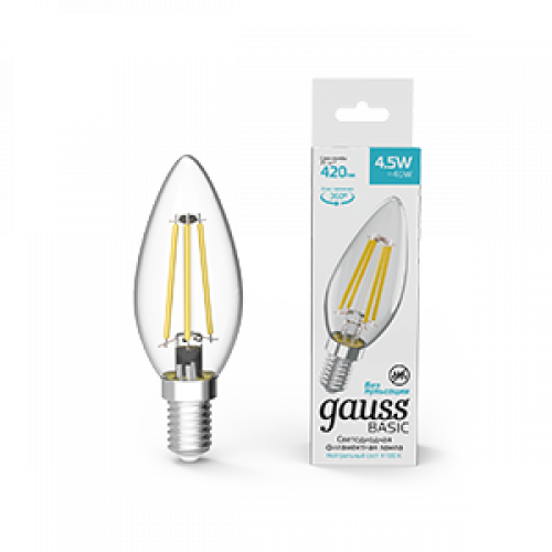 Лампа светодиодная Basic Filament Свеча 4,5W 420lm 4100К Е14 LED 1/10/50 | 1031215 | Gauss