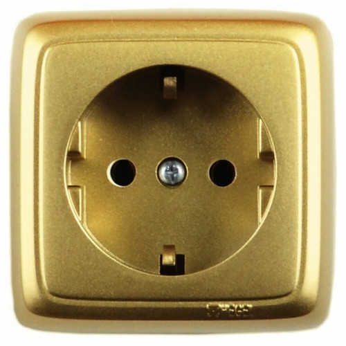 Розетка открытой установки, одноместная, с заземляющим контактом, со шторкой цвет золото | РА16-112-07 | HEGEL