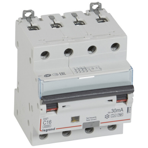Выключатель автоматический дифференциальный DX3 4п 16А C 30мА тип HPI | 411244 | Legrand