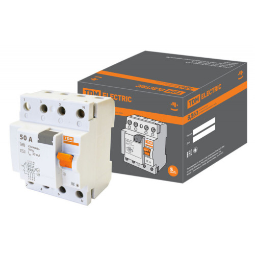 Выключатель дифференциальный (УЗО) ВД63 4п 50А 30мА тип AC (электронный) | SQ0220-0011 | TDM
