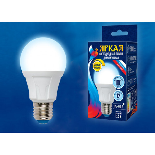 Лампа светодиодная LED-A60 12W/6500K/E27/FR/DIM PLP01WH LED, димм.. 