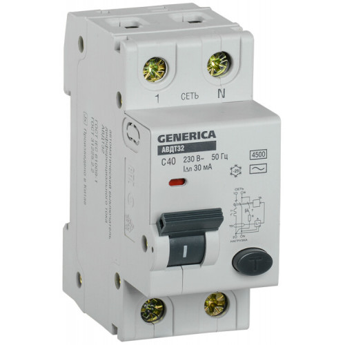 Выключатель автоматический дифференциального тока АВДТ 32 1п+N 40А C 30мА тип AC GENERICA | MAD25-5-040-C-30 | IEK