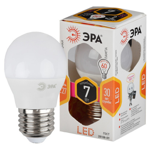 Лампа светодиодная LED 7Вт Е27 220В 2700К smd P45 шар | Б0020550 | ЭРА