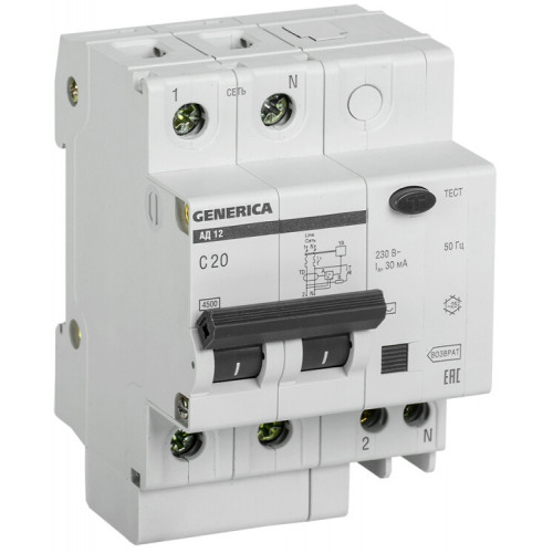 Выключатель автоматический дифференциального тока АД12 2п 20А C 20А тип AC (3,4 мод) GENERICA | MAD15-2-020-C-030 | IEK