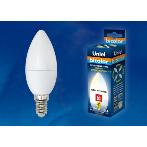 Лампа светодиодная LED-C37-6W/WW+NW/E14/FR PLB01WH LED. «свеча», матовая. серия Bicolor. . | UL-00001570 | Uniel