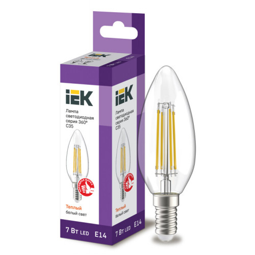 Лампа светодиодная C35 свеча прозрачная 7Вт 230В 3000К E14 серия 360° | LLF-C35-7-230-30-E14-CL | IEK