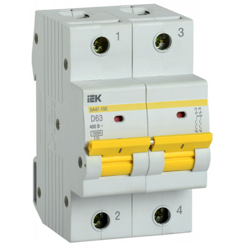 Выключатель автоматический двухполюсный ВА47-150 63А D 15кА | MVA50-2-063-D | IEK