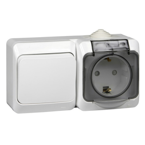 ЭТЮД О/У Белый Блок: Розетка с/з со шторками + переключатель 1-клавишный IP44 | BPA16-246B | Schneider Electric