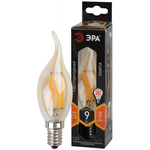 Лампа светодиодная F-LED BXS-9W-827-E14 gold (филамент, свеча на ветру золот, 9Вт, тепл, E14) | Б0047009 | ЭРА